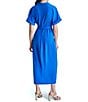 Color:Submerge - Image 2 - Crepe Collar Neck Short Sleeve Tie Waist Front Ruched Button Down Midi Dress