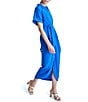 Color:Submerge - Image 3 - Crepe Collar Neck Short Sleeve Tie Waist Front Ruched Button Down Midi Dress