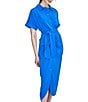 Color:Submerge - Image 4 - Crepe Collar Neck Short Sleeve Tie Waist Front Ruched Button Down Midi Dress