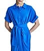 Color:Submerge - Image 5 - Crepe Collar Neck Short Sleeve Tie Waist Front Ruched Button Down Midi Dress