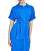 Color:Submerge - Image 6 - Crepe Collar Neck Short Sleeve Tie Waist Front Ruched Button Down Midi Dress