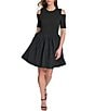 Color:Black - Image 1 - Cut Out Short Sleeve Mix Media Poplin Dress