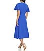 Color:Iris - Image 2 - Drapey Crepe Crew Neck Short Flutter Sleeve Knot Front Midi Fit and Flare Dress