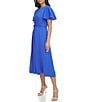 Color:Iris - Image 3 - Drapey Crepe Crew Neck Short Flutter Sleeve Knot Front Midi Fit and Flare Dress