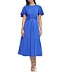 Color:Iris - Image 4 - Drapey Crepe Crew Neck Short Flutter Sleeve Knot Front Midi Fit and Flare Dress