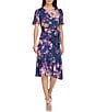 Color:Navy - Image 1 - Floral Chiffon Round Neck Short Sleeve Belted Midi Dress