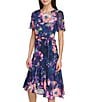 Color:Navy - Image 3 - Floral Chiffon Round Neck Short Sleeve Belted Midi Dress