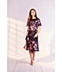 Color:Navy - Image 4 - Floral Chiffon Round Neck Short Sleeve Belted Midi Dress