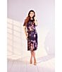 Color:Navy - Image 5 - Floral Chiffon Round Neck Short Sleeve Belted Midi Dress