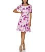 Color:Cream/Raspberry - Image 1 - Dkny Floral Jewel Neckline Short Puff Sleeve Fit and Flare Dress
