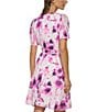 Color:Cream/Raspberry - Image 2 - Dkny Floral Jewel Neckline Short Puff Sleeve Fit and Flare Dress