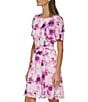 Color:Cream/Raspberry - Image 3 - Dkny Floral Jewel Neckline Short Puff Sleeve Fit and Flare Dress