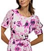 Color:Cream/Raspberry - Image 4 - Dkny Floral Jewel Neckline Short Puff Sleeve Fit and Flare Dress