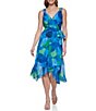 Color:Green Grass - Image 1 - Floral Print Faux Wrap Sleeveless Surplice V-Neck Chiffon Midi Dress