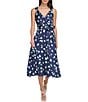 Color:Navy/Green - Image 1 - Floral Satin V-Neck Sleeveless Fit and Flare Tie Waist Midi Dress