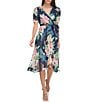 DKNY Floral Surplice V-Neck Short Sleeve Faux Wrap Midi Dress, Color:Navy Multi - Image 1