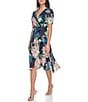 Color:Navy Multi - Image 3 - Floral Surplice V-Neck Short Sleeve Faux Wrap Midi Dress