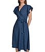 Color:Denim - Image 3 - Flutter Sleeve V Neck Woven Faux Wrap Midi Dress