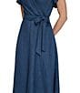 Color:Denim - Image 5 - Flutter Sleeve V Neck Woven Faux Wrap Midi Dress