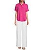 Color:Shocking Pink - Image 3 - Gauze Point Collar Rolled Short Sleeve Button Down Shirt