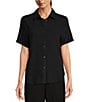 Color:Black - Image 1 - Gauze Point Collar Rolled Short Sleeve Button Down Shirt