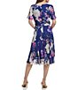 Color:Blue/Raspberry - Image 2 - Godet Floral Print Jewel Neck Short Sleeve Self-Tie Waist A-Line Midi Dress
