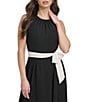 Color:Black/Beige - Image 5 - Halter Neck Sleeveless Tie Waist Midi Dress