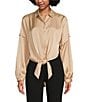 Color:Sandalwood - Image 1 - Jacquard Point Collar Long Sleeve Tie Front Blouse