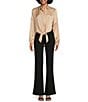Color:Sandalwood - Image 3 - Jacquard Point Collar Long Sleeve Tie Front Blouse