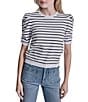 DKNY Jeans by Donna Karan Cotton Blend Stripe Crew Neck Elbow Length Puff Sleeve Scallop Trim Top - Image 6