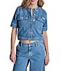 DKNY Jeans by Donna Karan Patch Pocket Button Front Crew Neck Short Sleeve Top - Image 1