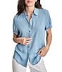Color:Chambray - Image 1 - Jeans Rolled Short Sleeve Collared Button Front Shirt