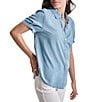 Color:Chambray - Image 3 - Jeans Rolled Short Sleeve Collared Button Front Shirt
