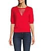 Color:Flame - Image 1 - Knit Crew Mesh V-Neck Elbow Length Sleeve Top