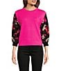 Color:Shocking Pink - Image 1 - Knit Satin Mixed Media Crew Neck Print 3/4 Sleeve Blouse