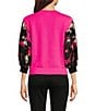Color:Shocking Pink - Image 2 - Knit Satin Mixed Media Crew Neck Print 3/4 Sleeve Blouse
