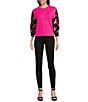 Color:Shocking Pink - Image 3 - Knit Satin Mixed Media Crew Neck Print 3/4 Sleeve Blouse