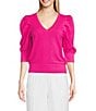 Color:Shocking Pink - Image 1 - Knit V-Neck Short Puff Sleeve Blouse