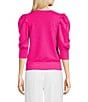 Color:Shocking Pink - Image 2 - Knit V-Neck Short Puff Sleeve Blouse