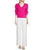 Color:Shocking Pink - Image 3 - Knit V-Neck Short Puff Sleeve Blouse