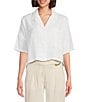 Color:White - Image 1 - Linen Notch Collar Short Sleeve Chest Pocket Button-Front Draped Hem Blouse