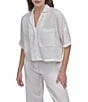 DKNY by Donna Karan Linen Notch Collar Short Sleeve Chest Pocket Button-Front Draped Hem Blouse - Image 1