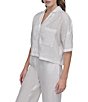 DKNY by Donna Karan Linen Notch Collar Short Sleeve Chest Pocket Button-Front Draped Hem Blouse - Image 3