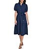 DKNY Mandarin Collar Neckline Short Puff Sleeve Tiered Midi Dress, Color:Navy - Image 1