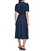 Color:Navy - Image 2 - Mandarin Collar Neckline Short Puff Sleeve Tiered Midi Dress