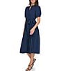 Color:Navy - Image 3 - Mandarin Collar Neckline Short Puff Sleeve Tiered Midi Dress