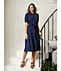 Color:Navy - Image 4 - Mandarin Collar Neckline Short Puff Sleeve Tiered Midi Dress