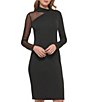 Color:Black - Image 1 - Mesh Shoulder Mock Neck Long Sleeve Dress