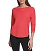 Color:Coral Glow - Image 1 - Sport Mini Slub Waffle Knit Crew Neck 3/4 Ruched Sleeve Tee