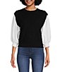 Color:Black/Ivory - Image 1 - Mixed Media 3/4 Sleeve Crew Neck Knit Top